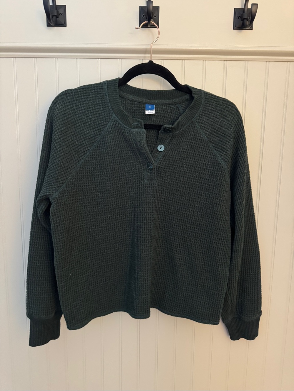 Old Navy Waffle-Knit Henley Top Men's Textured Crewneck Green Medium